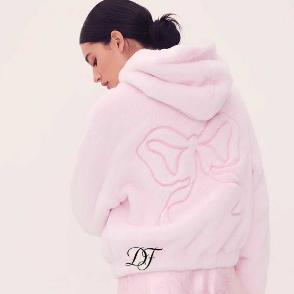 PINK x LoveShackFancy Size Medium Faux-Fur Cropped Bomber Jacket NWT